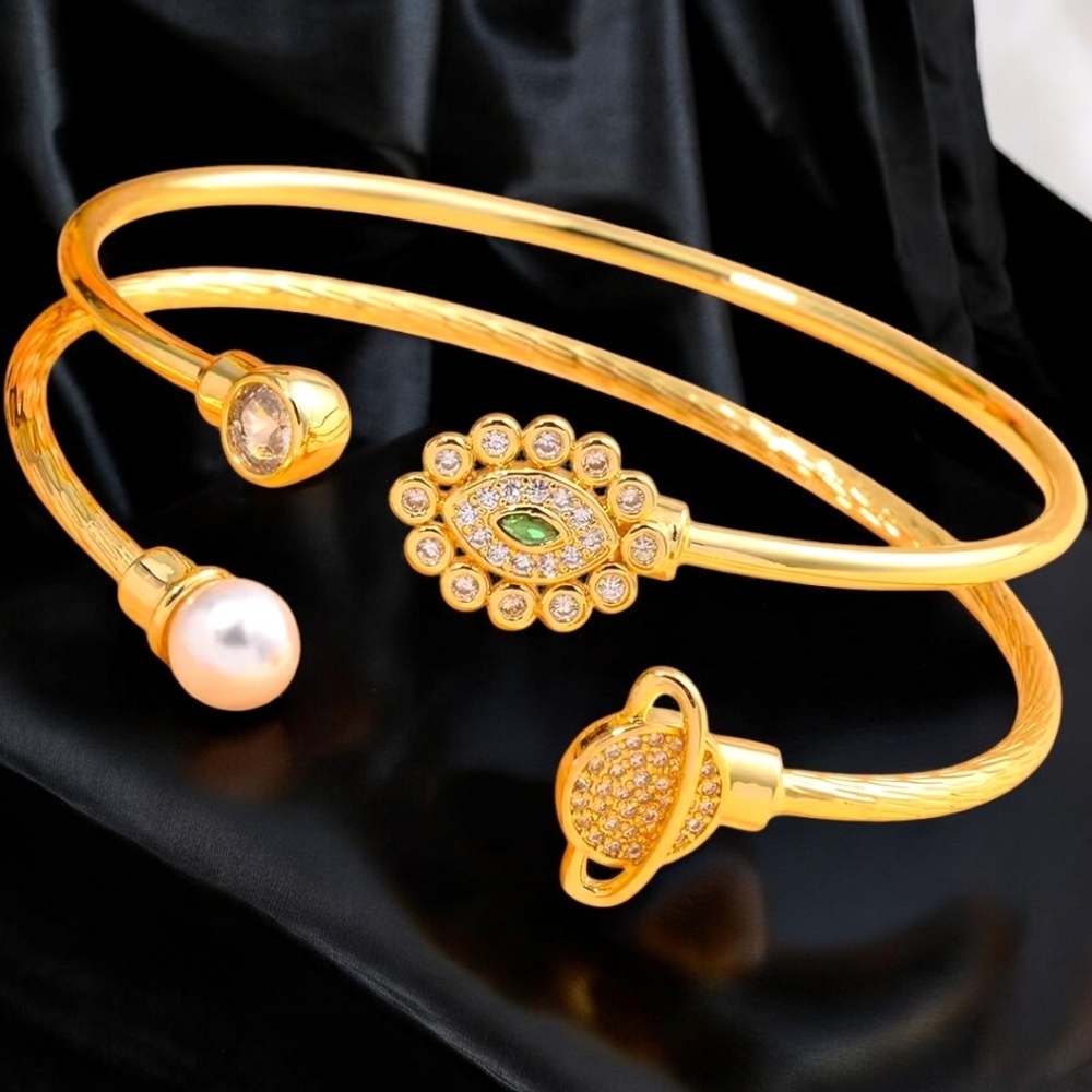 Set of 2 Pearl & Green and White Diamond CZ Orbit & Evil Eye Bangles